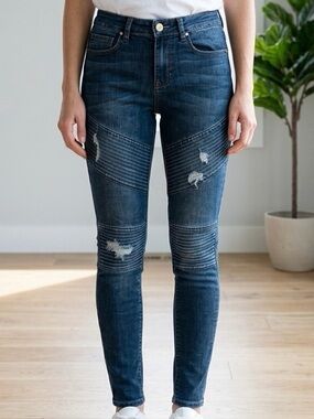 Kendall + Kylie Moto Skinny Jeans Distressed Blue Denim Ribbed Biker Pants Sz 27